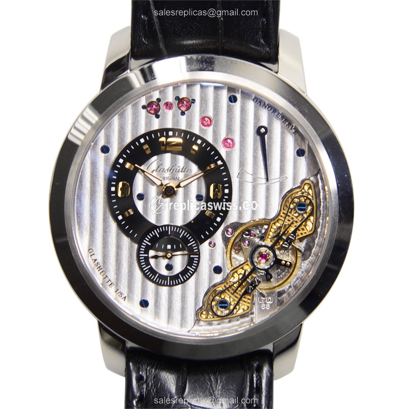 Elegant Glashutte PANO Manual Wind Replica in 18kt White Gold with Alligator Strap Crystal