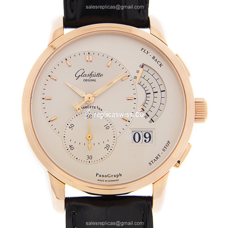 Elegant Glashutte PANO Manual Wind Replica Watch in 18kt Gold, White Dial & Alligator strap