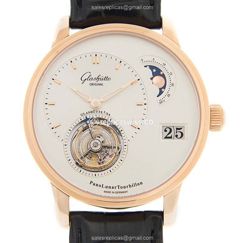 Elegant Glashutte PANO Replica Watch | Automatic Movement, 18kt Rose Gold Case, White Dial