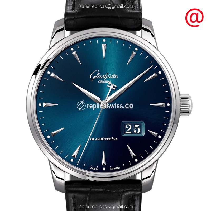 Elegant Glashutte Senator Panorama Date Replica, Automatic Movement, Blue Dial, Stainless Steel