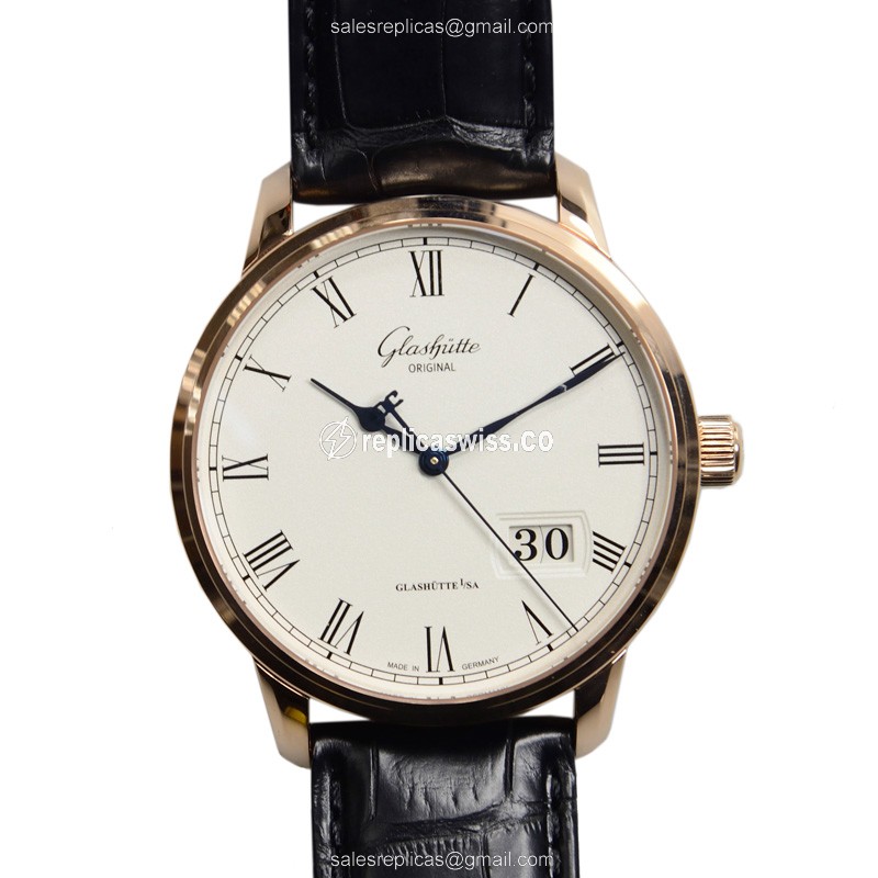 Elegant Glashutte Senator Panorama Date Replica in 18kt Gold, Automatic Movement Silver Dial