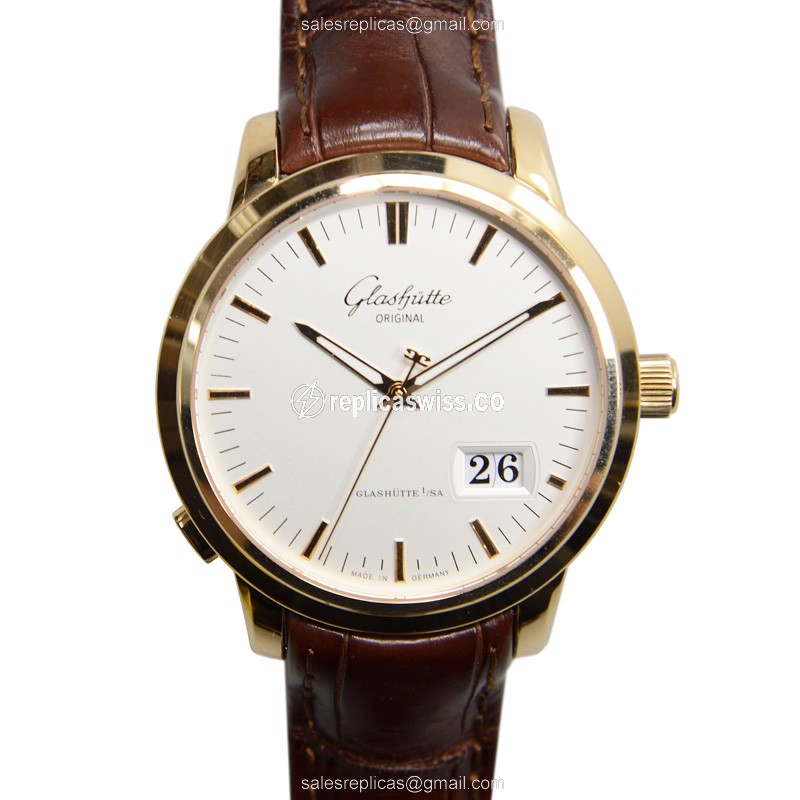 Elegant Glashutte Senator Panorama Date Replica in 18kt Gold, Automatic Movement & White Dial Watch