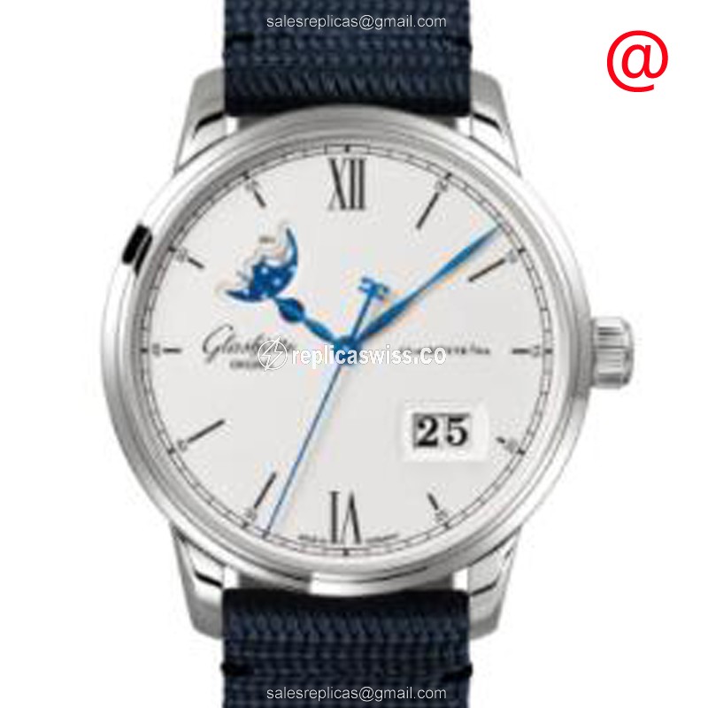 Elegant Glashutte Senator Skeletonized Automatic Steel Case with Silver Dial & Blue Nylon Strap