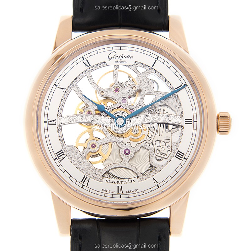 Elegant Glashutte Senator Skeletonized Replica Watch with Silver Dial 18kt Gold Case