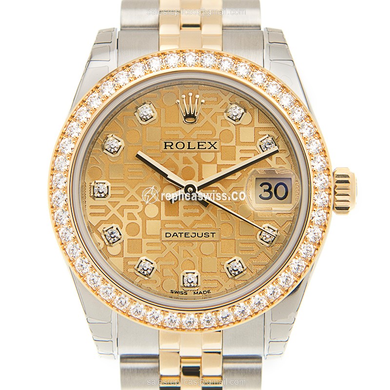 Elegant Gold Dial Rolex Lady Datejust Replica Watch with Automatic Movement Gold Strap