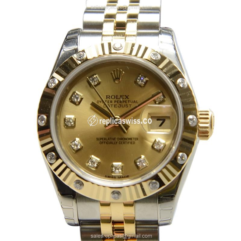 Elegant Gold Rolex Lady Datejust Replica Watch | Automatic Movement, Silver Clasp