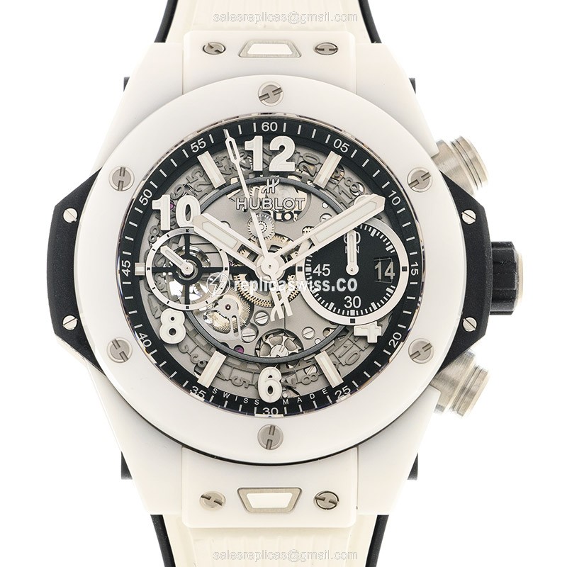 Elegant Hublot Big Bang Ceramic Replica, Automatic Movement, Silver Dial & White Rubber Strap Watch