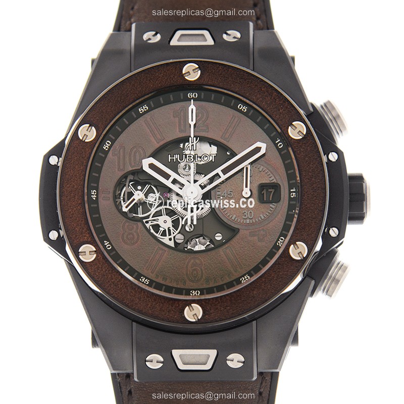 Elegant Hublot Big Bang Ceramic Replica with Automatic Movement Brown Dial, Genuine Leather