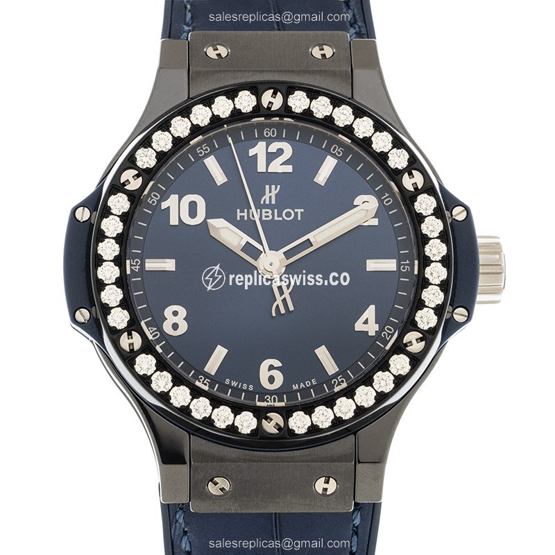 Elegant Hublot BIG BANG Quartz Ceramic Replica with Blue Dial Leather Strap Watch
