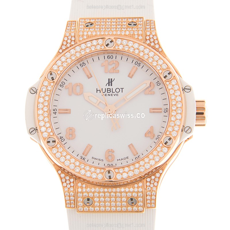 Elegant Hublot BIG BANG Quartz Replica in 18kt Rose Gold, White Dial & Diamond Bezels Watch