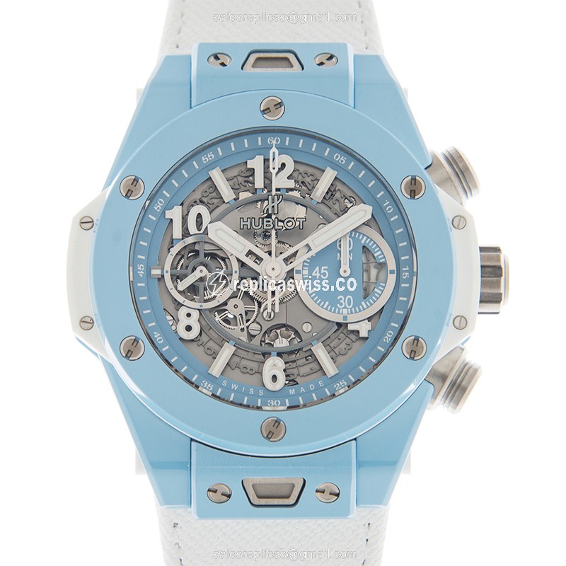 Elegant Hublot BIG BANG Replica in Ceramic Case & Automatic Movement, Sleek White Leather Strap