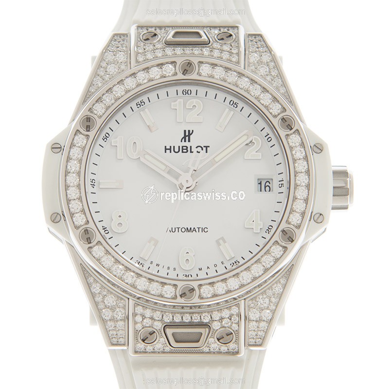 Elegant Hublot BIG BANG Replica in Stainless Steel with Automatic Movement White Dial, Set with