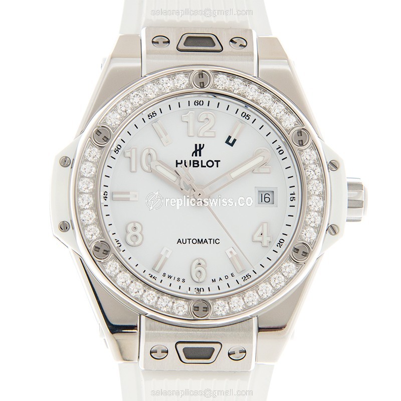 Elegant Hublot BIG BANG Replica with Automatic Movement, Stainless Steel Case, & White Ruby Dial