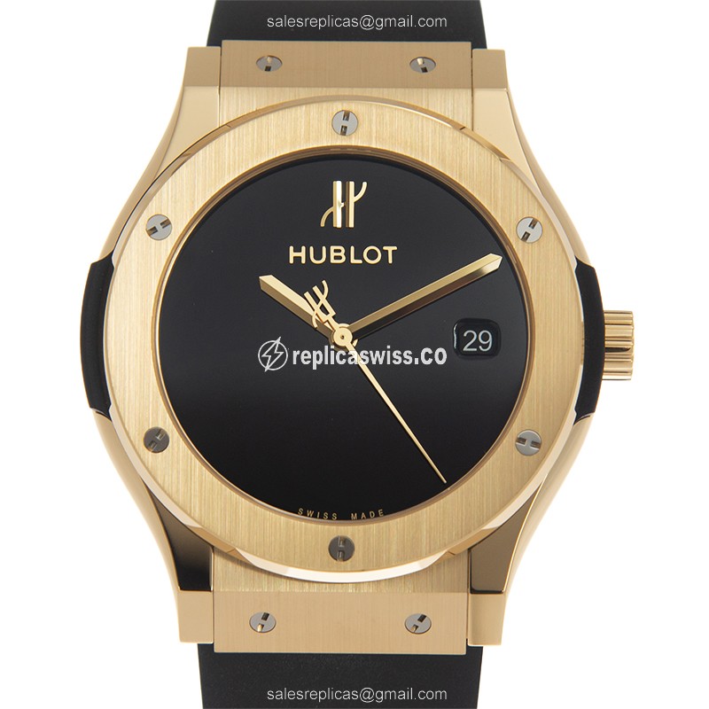 Elegant Hublot Classic Fusion Replica, Automatic, 18kt Yellow Gold Case & Black Dial | Premium Ruby