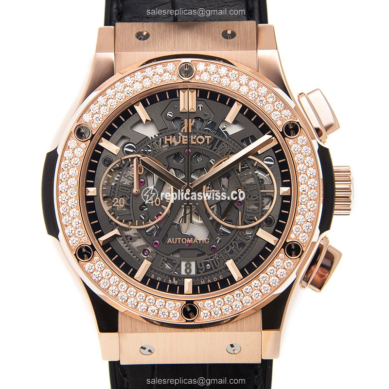 Elegant Hublot Classic Fusion Replica, Automatic Movement, 18kt Rose Gold Case & Skull Dial, Rubber