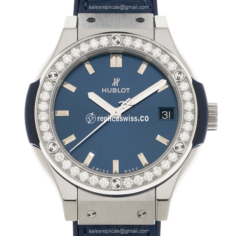 Elegant Hublot Classic Fusion Replica in Blue Dial Titanium Case with Diamond Bezels Watch
