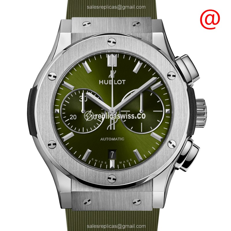 Elegant Hublot Classic Fusion Replica in Green Dial & Titanium, Automatic Movement, Alligator Strap