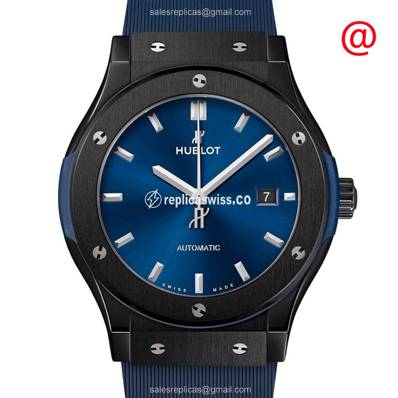 Elegant Hublot Classic Fusion Replica Watch in Blue Ceramic, Automatic Movement & Rubber Strap