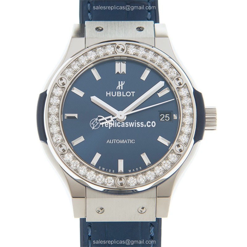 Elegant Hublot Classic Fusion Replica Watch with Blue Dial & Leather Strap, Automatic Movement