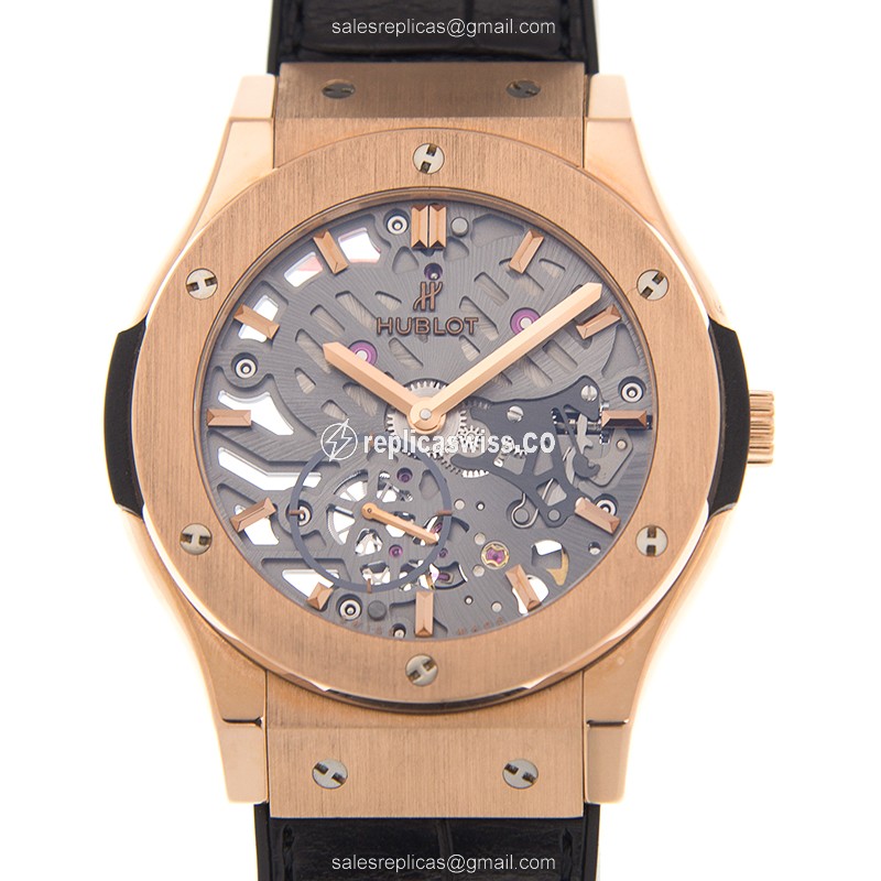 Elegant Hublot Classic Fusion Replica with Silver Dial 18kt Gold Case, Manual Wind Movement