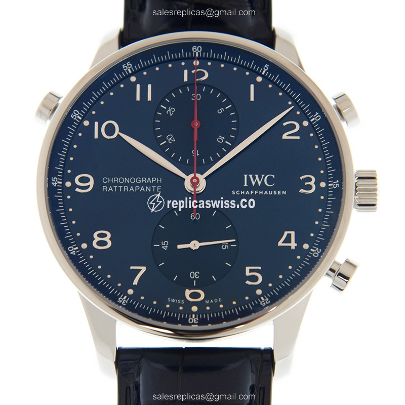 Elegant IWC IW371217 Portuguese Replica Watch | Manual Wind | Blue Dial & Alligator strap