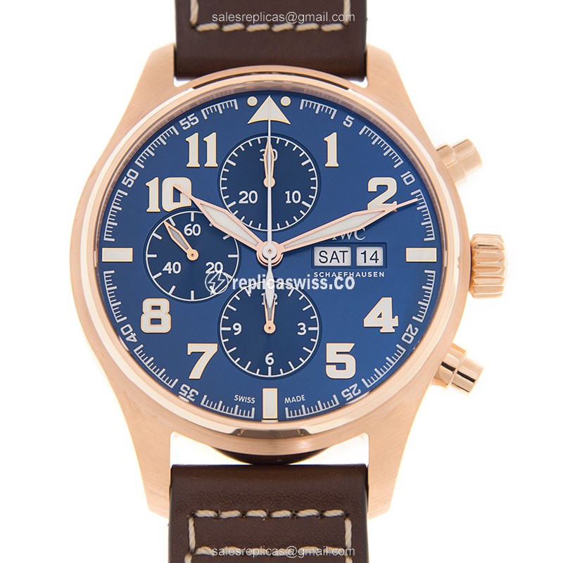 Elegant IWC IW377721 Pilots Replica with Blue Dial 18kt Gold Case Watch