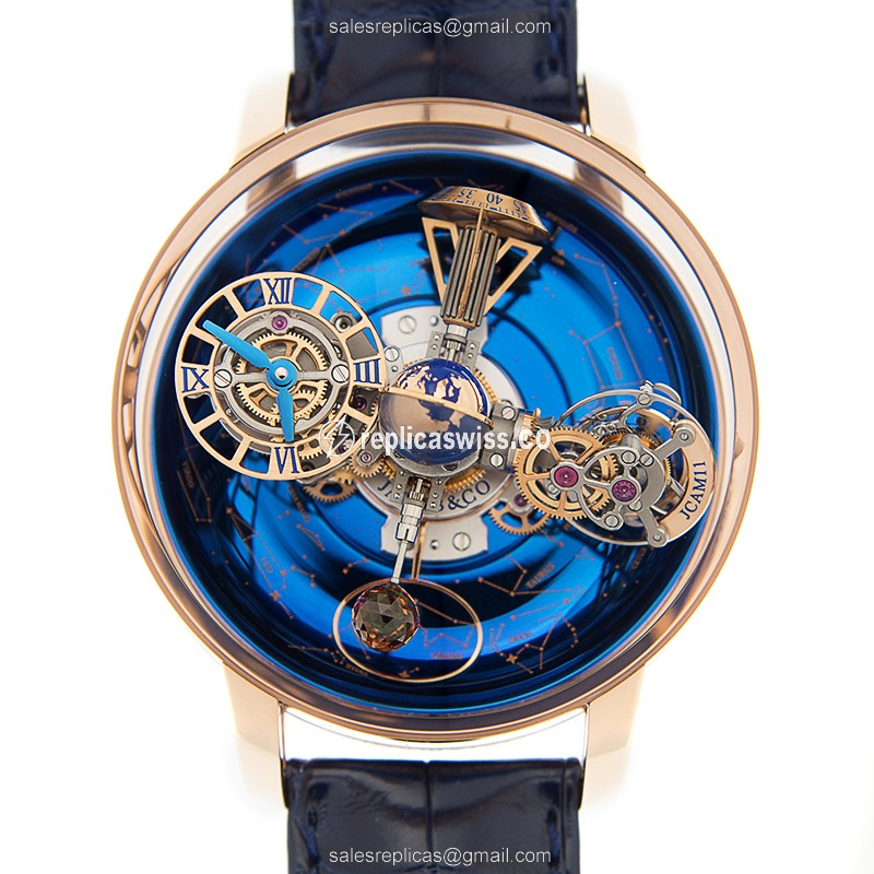 Elegant Jacob & Co. AT110.40.AA.SD.A ASTRONOMIA Replica in 18kt Gold with Blue Dial Alligator