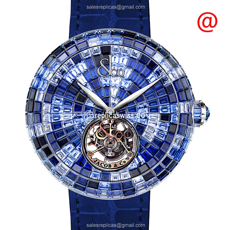 Elegant Jacob & Co BT543.30 Blue Dial Automatic Watch with 18kt Gold Case & Alligator Strap