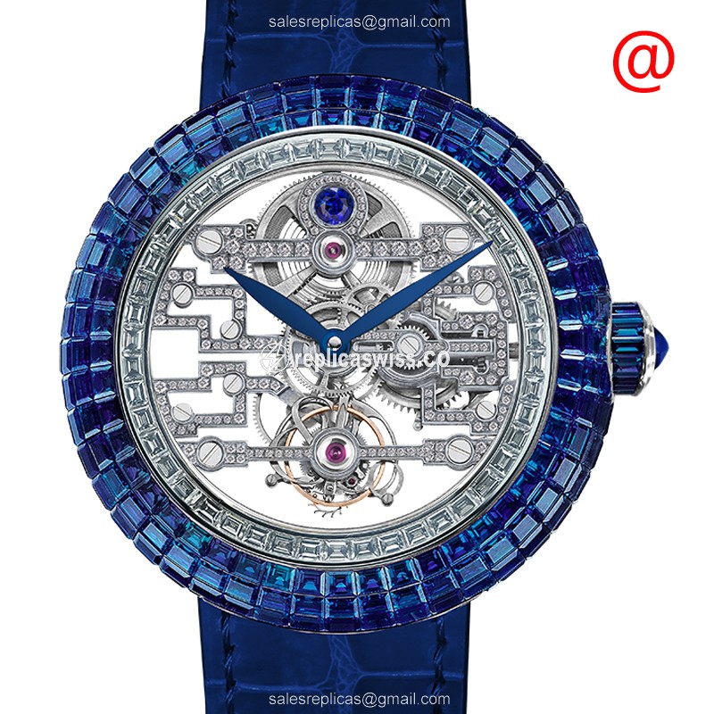 Elegant Jacob & Co BT545.30.BB.BB Skull Dial Replica in 18kt Gold with Alligator Blue Strap Watch