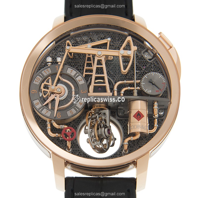 Elegant Jacob & Co. OI100.40 Skull Dial Replica Watch | Manual Wind | 18kt Gold Case & Black