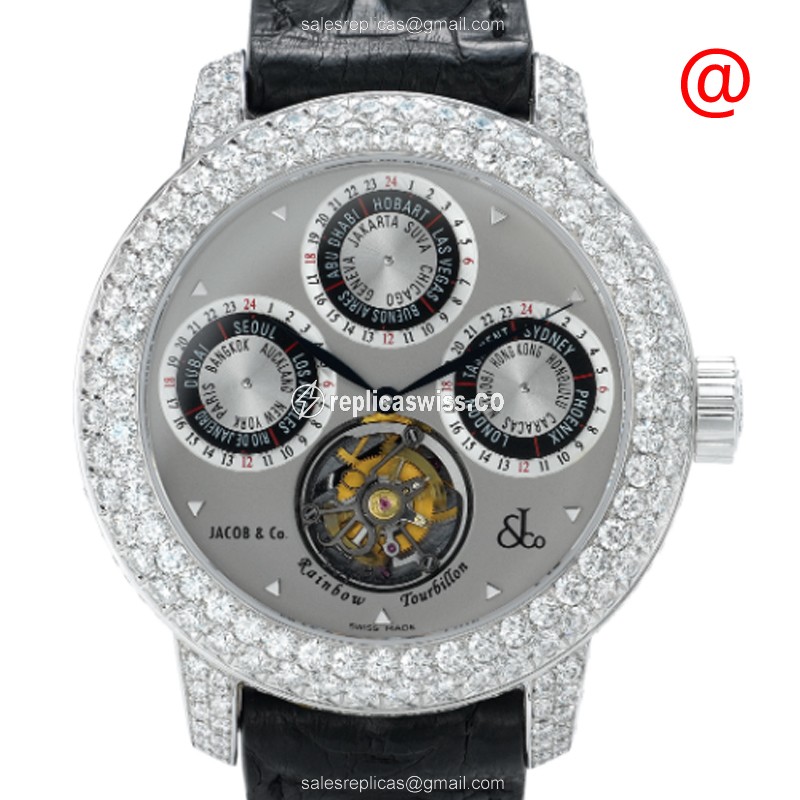 Elegant Jacob & Co R2WGDC Replica with Gray Dial, 18kt White Gold, Diamond Bezel, Alligator