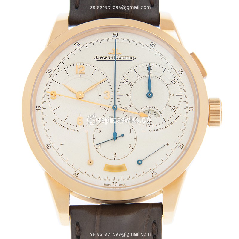 Elegant Jaeger-Lecoultre DUOMETRE Manual Wind Replica in 18kt Gold, Silver Dial & Brown Alligator