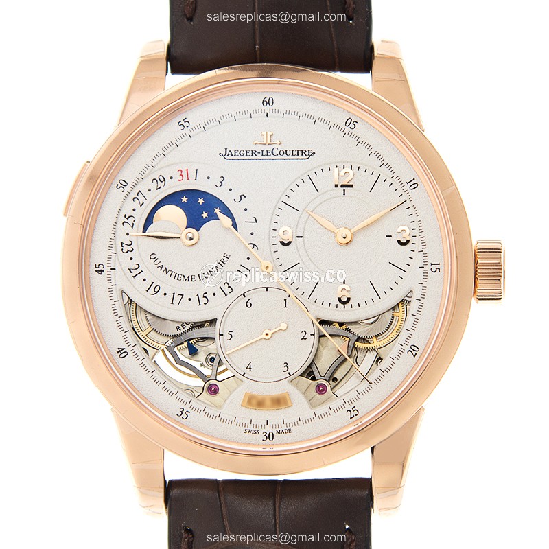 Elegant Jaeger-Lecoultre DUOMETRE Q6042422 Replica, White Dial, 18kt Gold Case & Brown Alligator