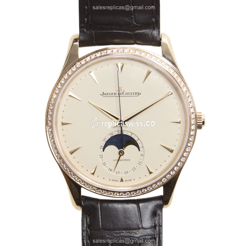 Elegant Jaeger-Lecoultre Master Ultra Thin Replica, Automatic Movement, 18kt Rose Gold Case, Beige