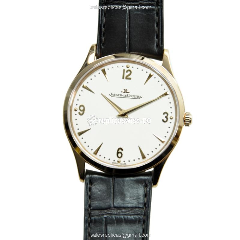 Elegant Jaeger-Lecoultre Master Ultra Thin Replica, Beige Dial, 18kt Gold Case & Alligator Strap