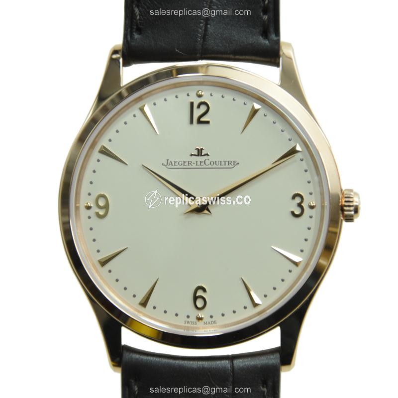 Elegant Jaeger-Lecoultre Master Ultra Thin Replica, Beige Dial, 18kt Gold Case, Manual Wind