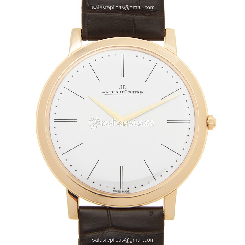 Elegant Jaeger-Lecoultre Master Ultra Thin Replica in 18kt Gold with White Dial Brown Alligator