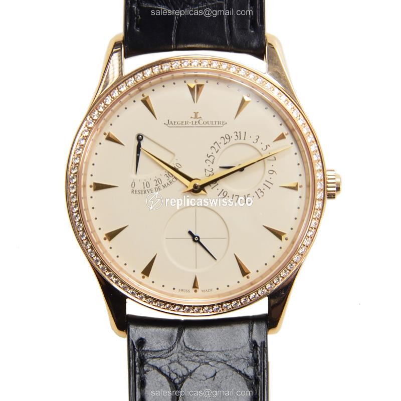 Elegant Jaeger-Lecoultre Master Ultra Thin Replica in 18kt Rose Gold, Automatic Movement & Beige