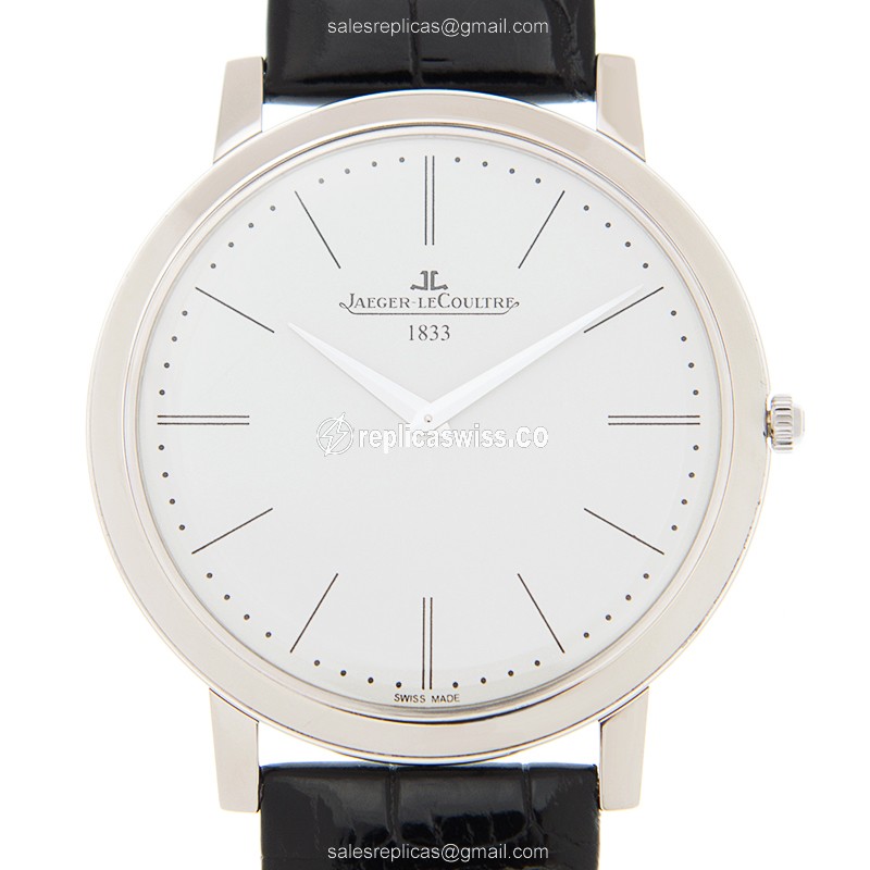 Elegant Jaeger-Lecoultre Master Ultra Thin Replica, White Dial, Platinum Case & Alligator Strap