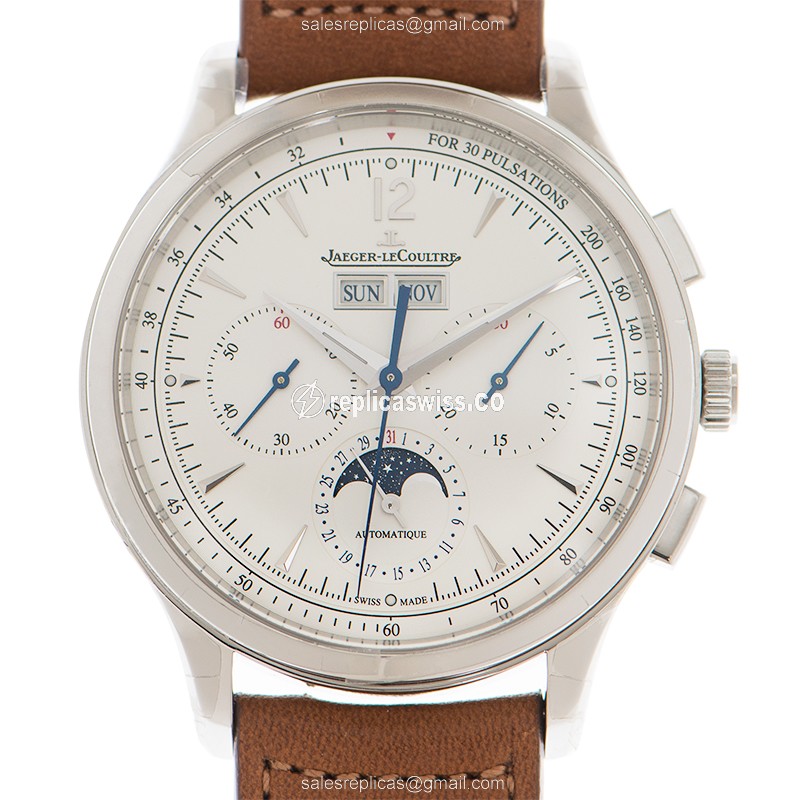 Elegant Jaeger-Lecoultre Master Ultra Thin Replica with Silver Dial & Automatic Movement, Leather