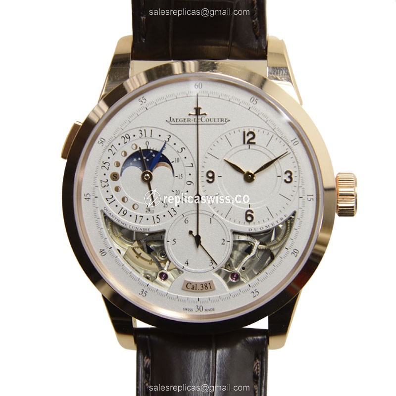 Elegant Jaeger-Lecoultre Q6042520 DUOMETRE Manual Wind Replica in 18kt Gold, White Dial & Brown
