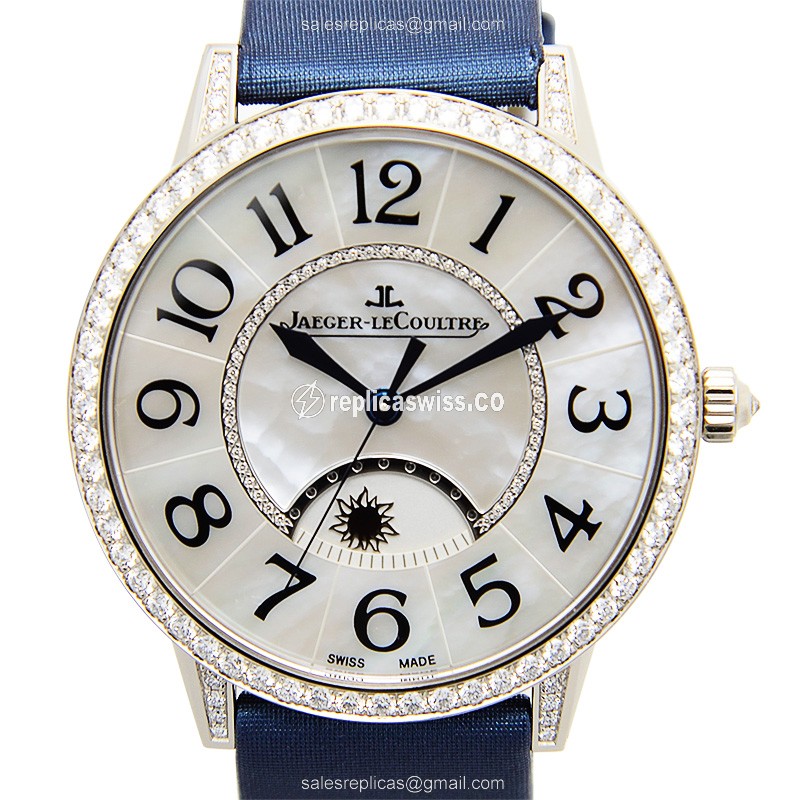Elegant Jaeger-Lecoultre RENDEZ VOUS Replica, Automatic Movement, White Gold Case, Satin Blue Strap