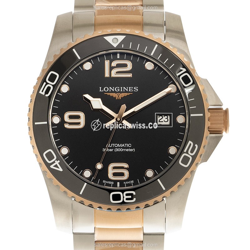 Elegant Longines Conquest Automatic 18kt Steel Rose Gold Replica with Black Dial & Sapphire