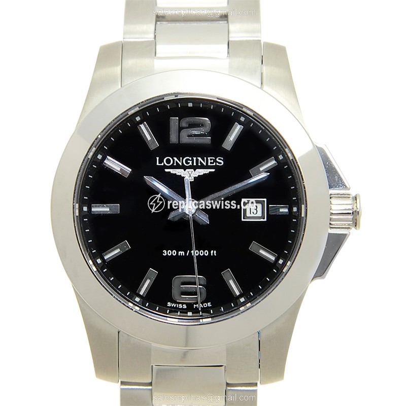 Elegant Longines Conquest Quartz Replica, Black Dial & Stainless Steel Case Watch