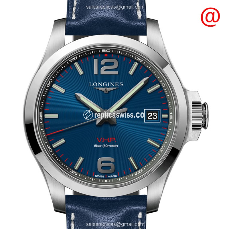 Elegant Longines Conquest Quartz Replica in Stainless Steel Blue Dial & Leather Strap Watch