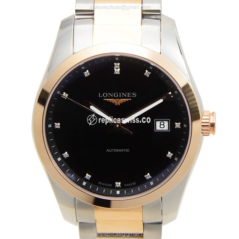 Elegant Longines Conquest Replica in 18kt Rose Gold & Steel, Automatic Movement & Black Dial Watch