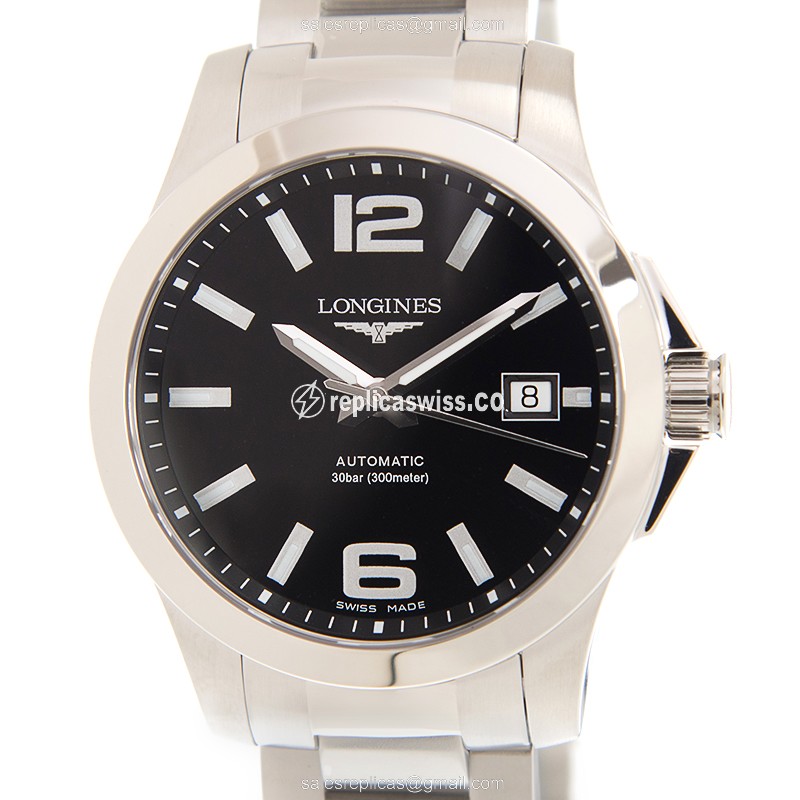 Elegant Longines Conquest Replica in Stainless Steel, Automatic Movement, Black Dial Watch