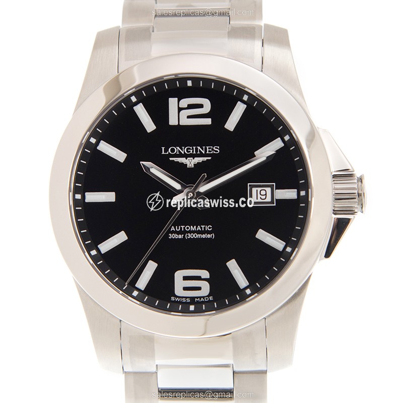 Elegant Longines Conquest Replica in Stainless Steel with Automatic Movement Black Dial Watch