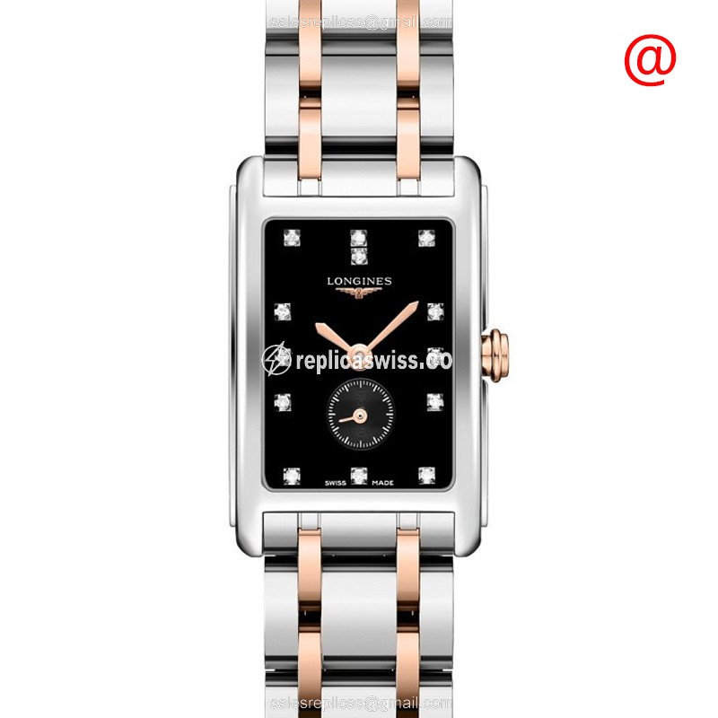 Elegant Longines Dolce Vita Replica, Black Dial, 18kt Gold Clasp & Crystal, Stainless Steel Case