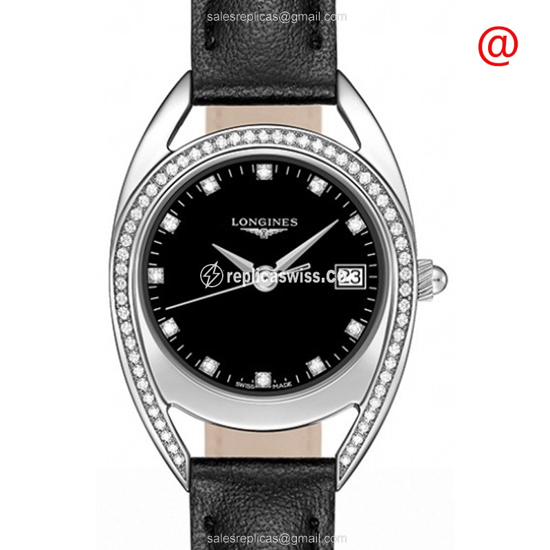 Elegant Longines Equestrian Replica Watch | Black Dial, Stainless Steel Case & Diamond Bezels